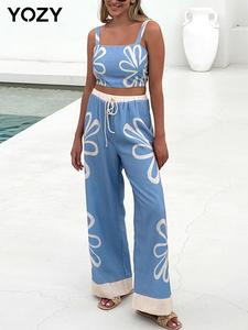 YOZY Two-Piece Set Women's Floral Print Tank Top & Wide Leg Pants Set, Boho Sleeveless Top & Pants for Beach Holiday Vacation, Ladies Summer Clothes, Womenswear