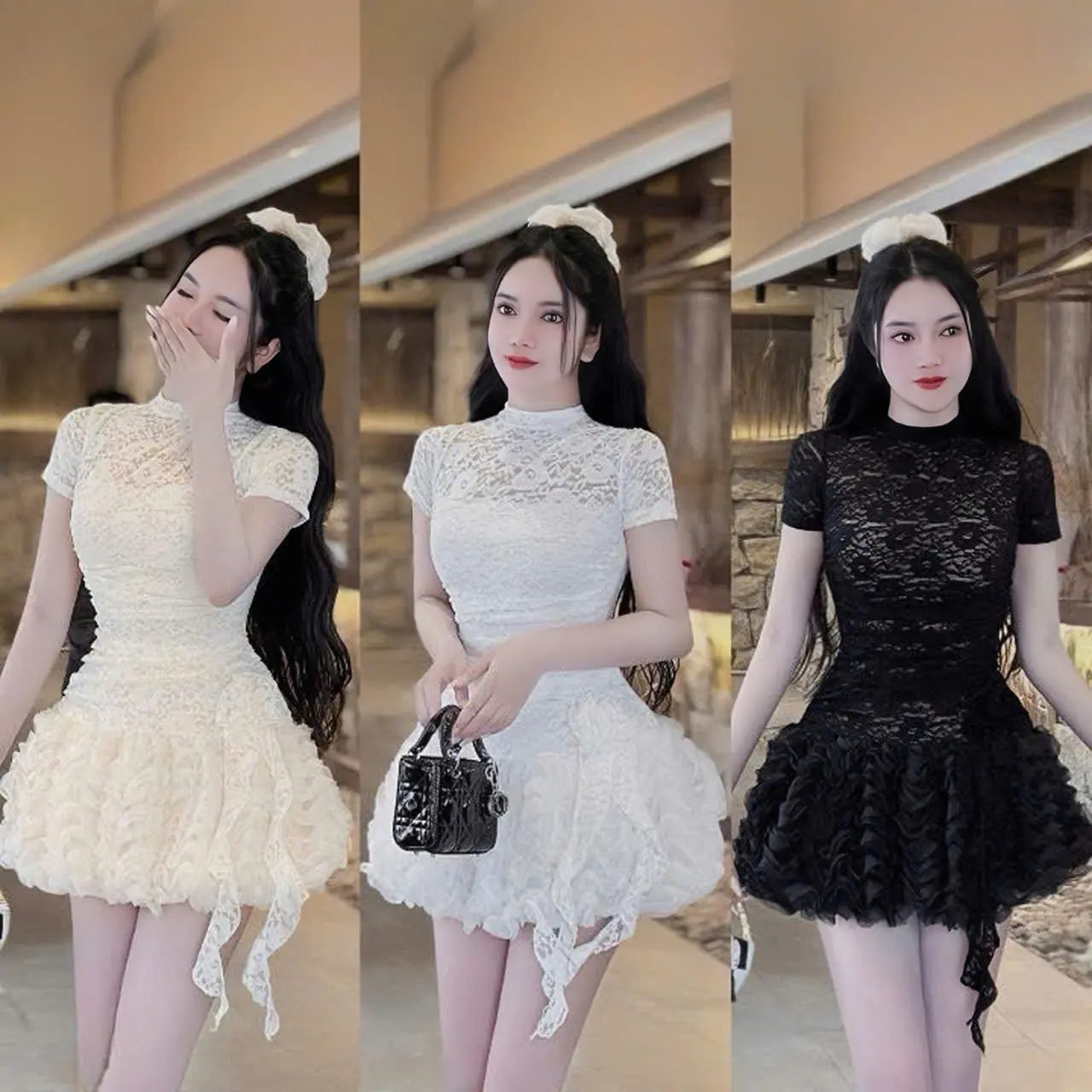 Đầm váy nữ ren cổ tròn ngắn tay  đính hoa phối tùng voan xoắn from ngắn [có lót] xinh xắn sang chảnh cho các nàng diện đi chơi đi tiệc.