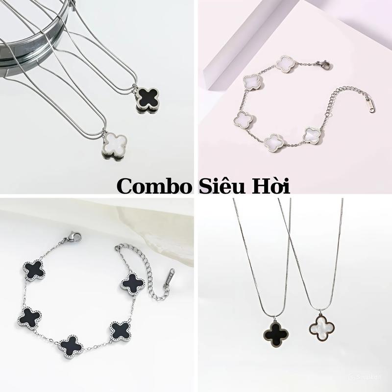 [Mua là mê, chê thì hoàn về] Combo Dây Chuyền Và Vòng Tay Hợp Kim Cỏ Bốn Lá Màu Đen Bạc Trang Sức Unisex Đơn Giản Sang Trọng Cho Nam Và Nữ Tavi Studio lắc tay