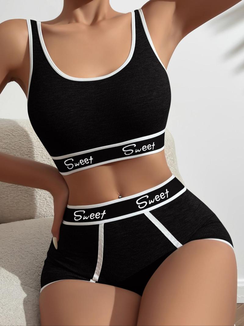 Product Introduction of Women's Letter Tape Contrast Binding Bra & High Waist Panty Set, Fashion Soft Comfortable Breathable Bra & Underwear Set, Lingerie Set for Women 1