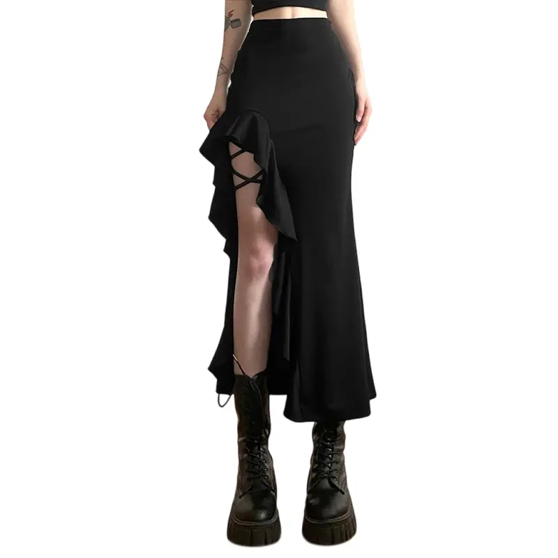 Women's Summer High Waist Ruffle Thigh Split Bodycon Midi Skirt - Casual and Elegant Style