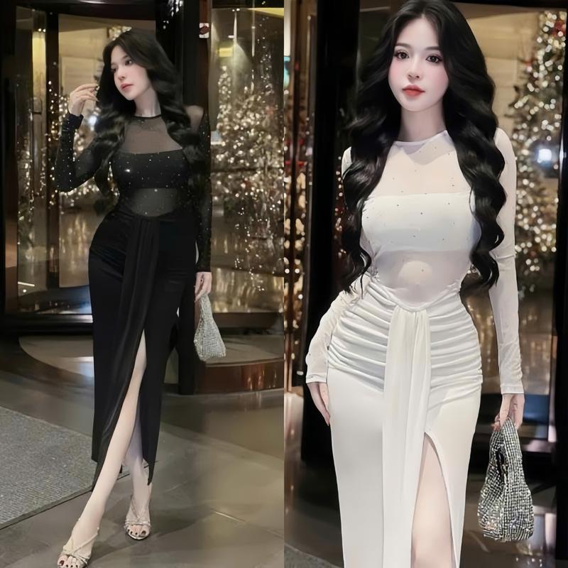Đầm Ôm Body Dáng Dài Xẻ Tà Có Khóa Kéo Chất Thun Lưới Đính Đá Phối Gân Tăm Có Sẵn Mút Váy Dự Tiệc Đám Cưới Mẫu Mới Nhất Sang Trọng Sang Chảnh Xinh Đẹp_HK1811001659 Women Thời Trang Nữ Đen Trắng