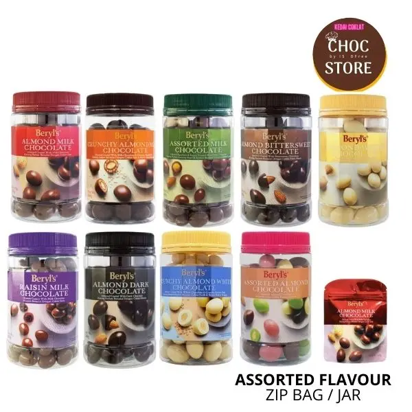 Beryl’s Chocolate Jar / Zip Bag 450g/250g /45g Assorted Flavour Coklat Beryls Dragee Beryl's Almond Coated With Green Tea Beryls Crunchy Almond White / Milk 380g Coklat Beryl's Chocolate Dark Chocolate Food