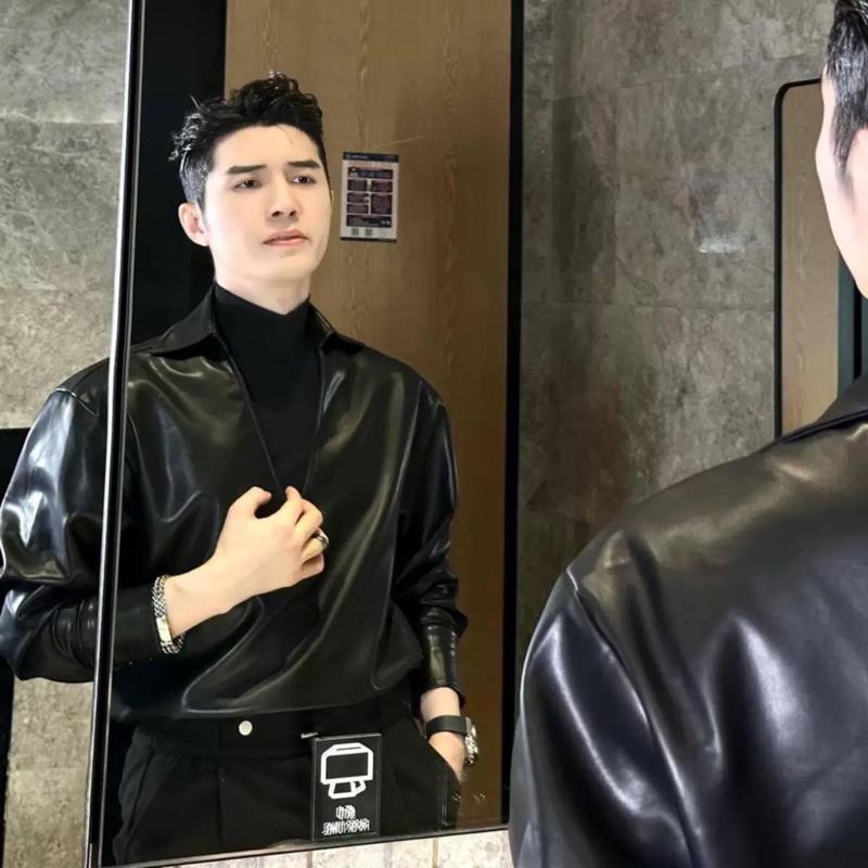 Áo sơ mi vải da  Nam ,Nữ dài tay phom rộng chống nhăn  SM-126 ( Quân còi 1988 ) Menswear Đen Cổ Tròn