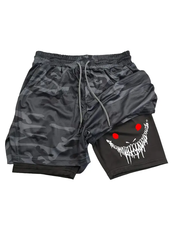 Men's Creepy Smile Face Print 2 in 1 Double Layer Drawstring Waist Gym Shorts, Casual Comfortable Breathable Quick Drying Pocket Shorts for Summer, Men's Bottoms for Workout Fitness Running 3