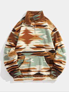 Men's Random All Over Print Zip Up Plush Sweatshirt, Casual Loose Pocket Drop Shoulder Long Sleeve Stand Collar Fuzzy Sweatshirt for Fall & Winter, Fashion Men's Clothes for Daily Wear