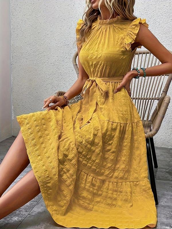 Plain Belted Ruffle Hem Frill Trim Keyhole Neckline Butterfly Sleeve Dress, Boho Cap Sleeve A Line Long Dress for Beach Holiday Vacation, Ladies Summer Clothes 0