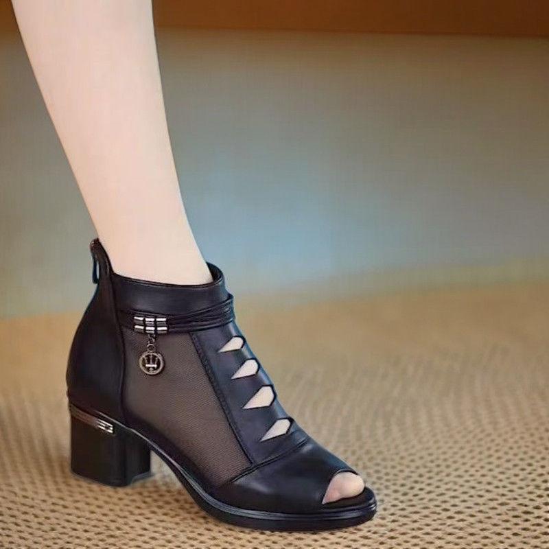 Giày Hở Mũi Gót Chunky, Da Mềm Thật, Chất Lượng Cao, Hàng Mới Về Mùa Lò Xo Và Mùa Hè, Dành Cho Nữ, Lưới Thoáng Khí Và khoét lỗ, Dép, Bốt Lưới, Gót Giữa Chống Trượt, Giày Hàng Đầu, Có Sẵn Với Hơn 1000 Đơn Hàng Trong Một Tuần 2