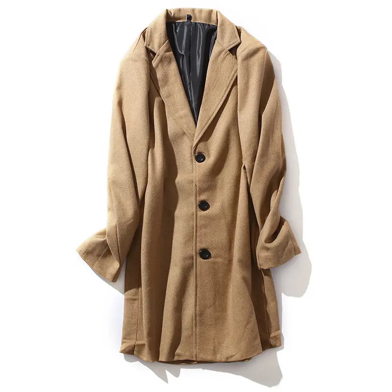 Mid-Length Trench Coat Men's Woolen Overcoat Korean Style Youth Fashion British Style Men's Woolen Coat Menswear Jackets Tops Lingerie Longsleeve Beige Plain