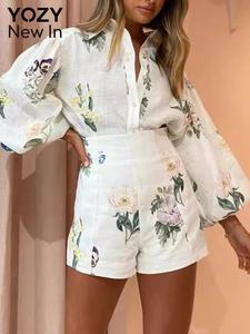YOZY Two-piece Set Women's Floral Print Lantern Sleeve Button Front Shirt & High Waist Shorts, Boho Casual Top & Shorts for Beach Vacation Holiday, Ladies Spring Clothes, Womenswear, Casual Summer Set