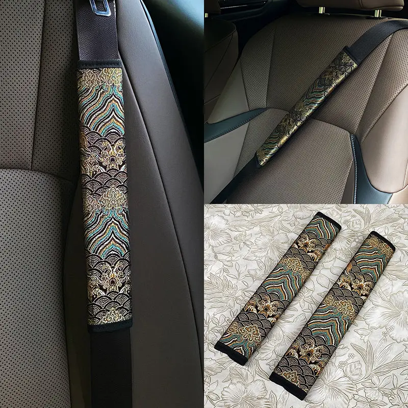 Automobile Seat Belt Shoulder Protector, Car Interior Design Modification Embroidered Brocade Black Safety Belt Shoulder Protective Cover Personality Four Seasons Universal