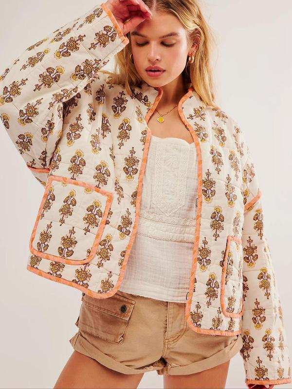 Women's All Over Print Pocket Drop Shoulder Quilted Jacket, Boho Long Sleeve Open Front Outerwear for Fall & Winter, Ladies Clothes for Daily Wear 8