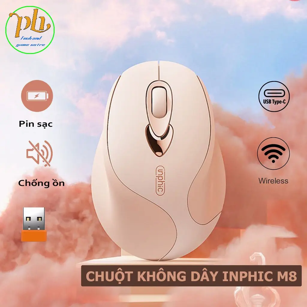 Chuột không dây màu hồng Inphic M8, Chuột không dây wireless chống ồn sạc pin thời trang cá tính, cổng sạc Type C