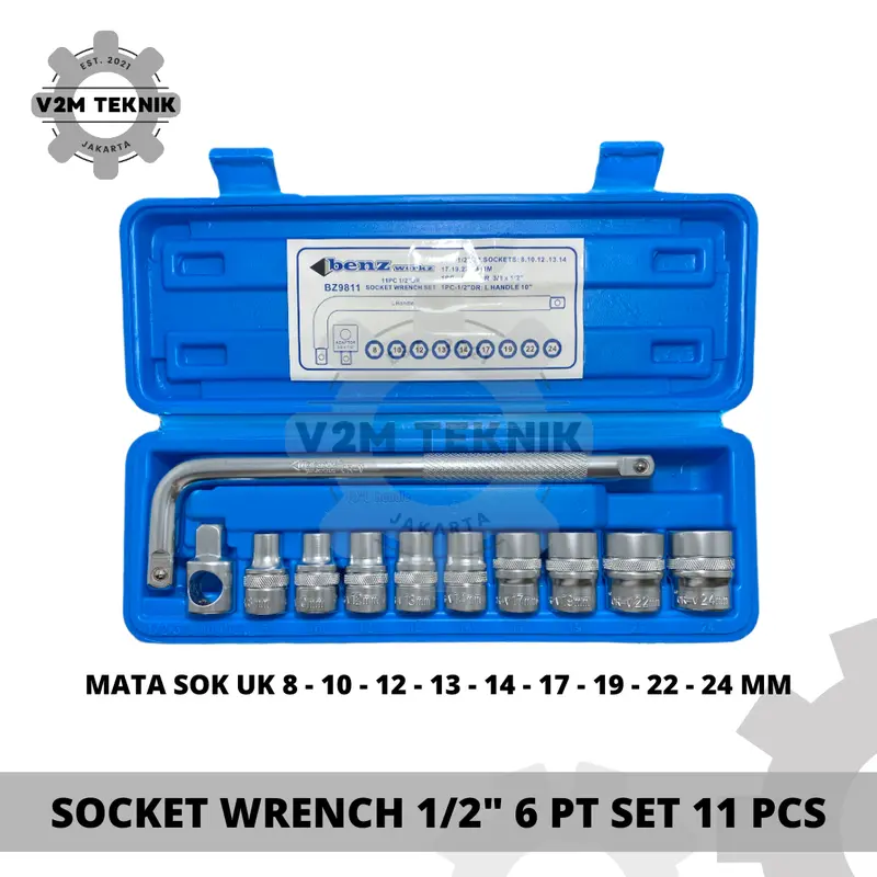 BENZ Socket Wrench Set 11 Pcs / Kunci Sok 1/2" 6 PT / Mata Shock 1/2 Inch Uk 8 - 10 - 12 - 13 - 14 - 17 - 19 - 22 - 24 MM 0