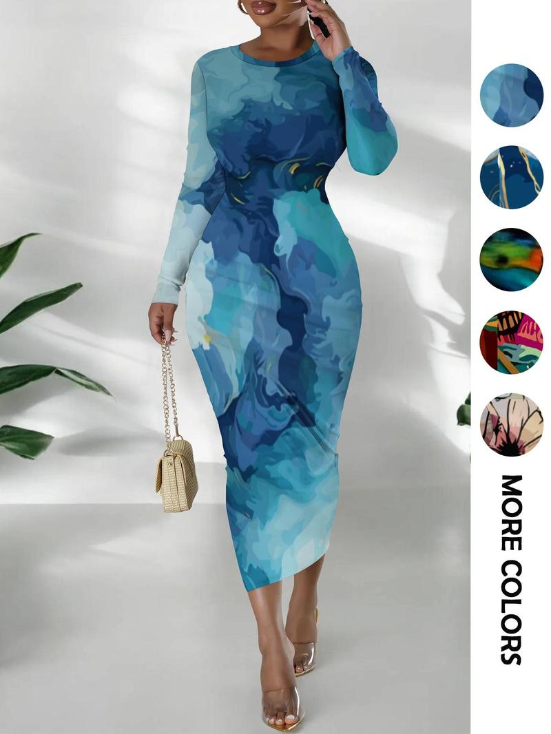 Product Introduction of Women's Colorblock Print Round Neck Bodycon Dress, Fashion Casual Long Dress for Daily Outdoor Wear, Women Dress for Spring Fall 3