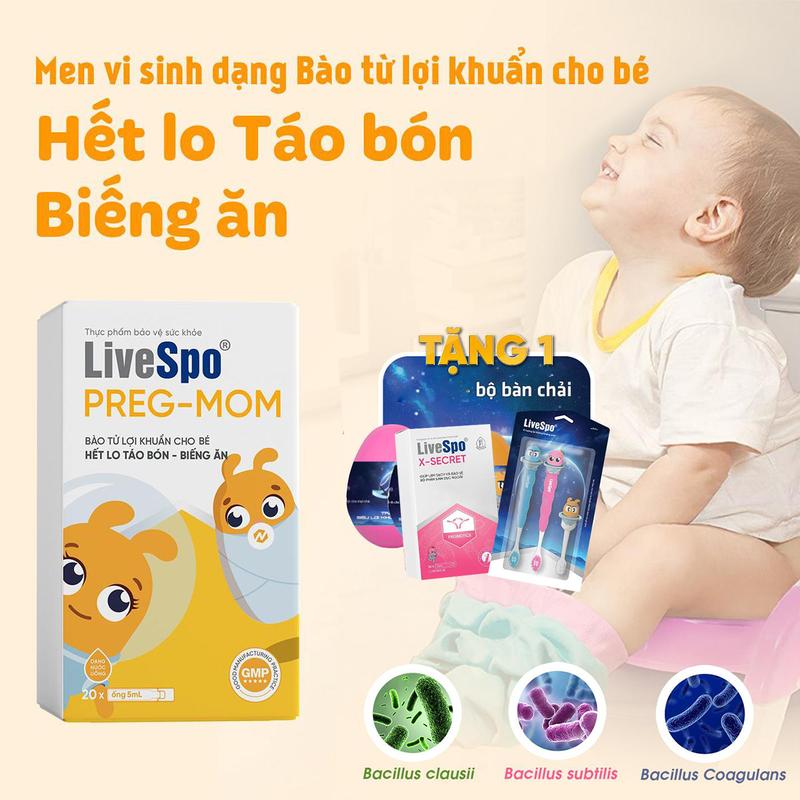 Men vi sinh cho Trẻ LiveSpo PREGMOM - 60 tỷ bào tử lợi khuẩn hỗ trợ giảm táo bón rối loạn tiêu hóa, Chậm Tăng Cân Cho Bé (Hộp 20 ống) Mua 2 hộp tặng 1 Bộ bàn chải, mua 3 hộp tặng 1 trứng Nacope và 1 Bộ bàn chải