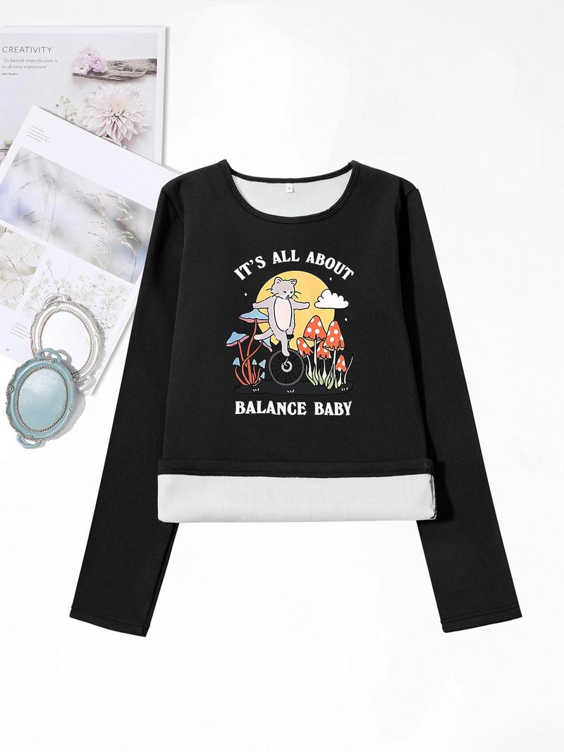 Product Introduction of Women's Cartoon Cat & Letter Print Round Neck Thermal Lined T-shirts, Casual Long Sleeve Crew Neck Tee for Fall & Winter, Women's Clothes for Daily Wear 1