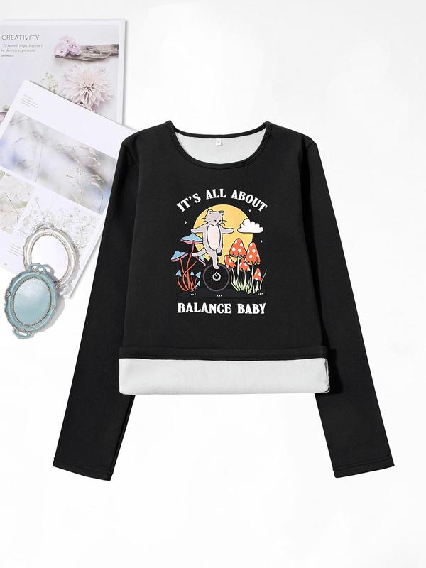 Women's Cartoon Cat & Letter Print Round Neck Thermal Lined T-shirts, Casual Long Sleeve Crew Neck Tee for Fall & Winter, Women's Clothes for Daily Wear 0