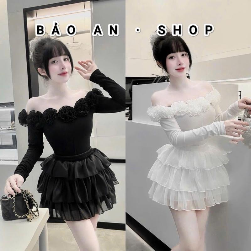 [SB123] Sét áo bệt vai kèm 7 bông và chân váy voan 3 tầng lưng thun Women Nữ