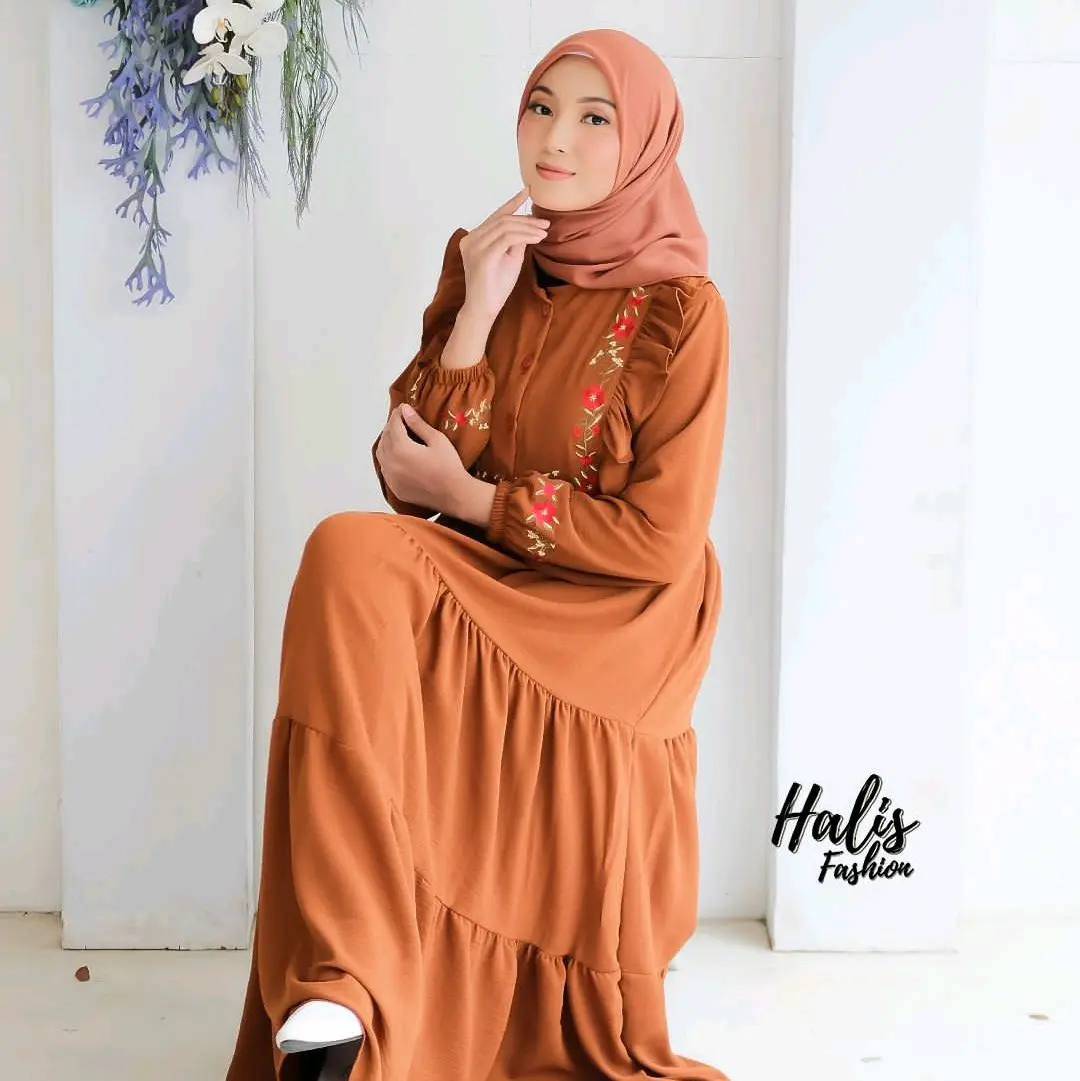 gamis crinkle bordir polos canda susun