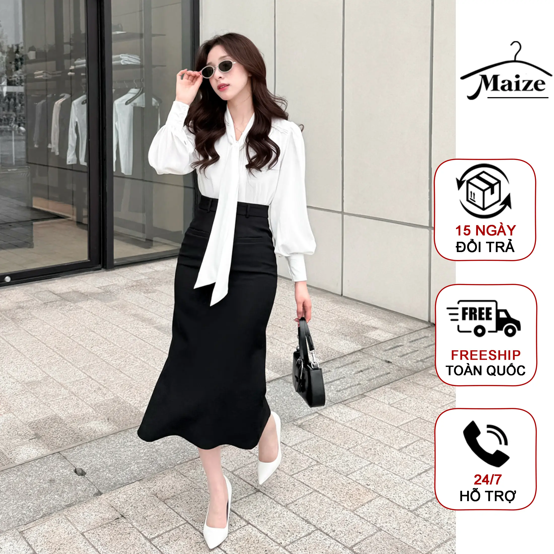 Áo sơ mi nữ Maize xếp ly cổ dây nơ thanh lịch, chất lụa tuyết suông mềm chống nhăn