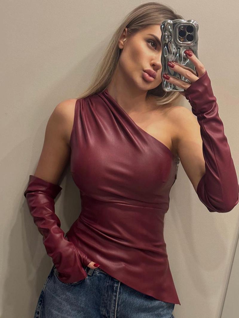 Product Introduction of Women's Solid Ruched Asymmetrical One Shoulder Pu Leather T-shirt with Gloves, Fashion Casual Zipper Side Sleeveless Top for Daily Outdoor Wear, Women Clothing for Spring & Fall Valentine's Day, Gift 9