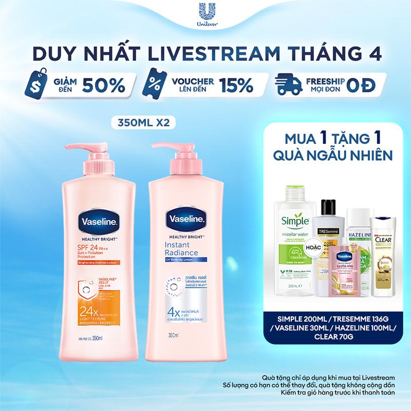 Combo 2 Sữa Dưỡng Body Nữ Vaseline Healthy Bright Với Spf 24 Pa++ Hỗ Trợ Chống Nắng & Dưỡng Da + Vaseline Healthy Bright Instant Radiance Lotion Hỗ Trợ Dưỡng Da 350MLx2 [1]