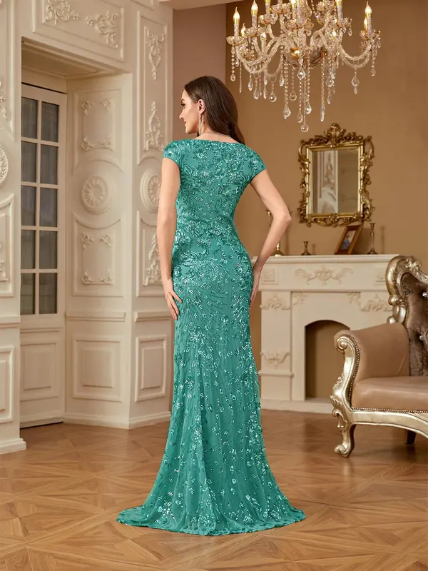 Women's Contrast Sequins Mermaid Evening Dress, Elegant V Neck Evening Party Gown, Ladies Clothes for All Seasons, Womenswear 1