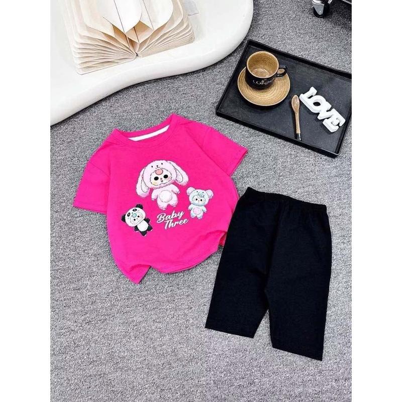Sét bộ quần legging  ĐEN áo thun cộc tay hoạ tiết Baby three mềm mát dễ thương cho bé gái 9-35kg
