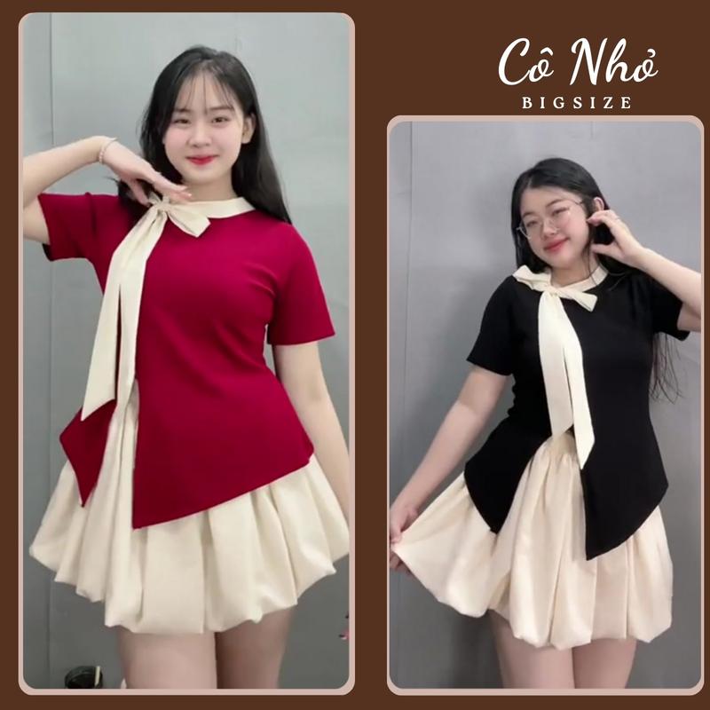 Set váy tiểu thư bigsize nữ áo tay ngắn cổ thắt nơ tà xẻ chất ruby kèm chân váy bí chất lụa xoa mềm mịn - SET935