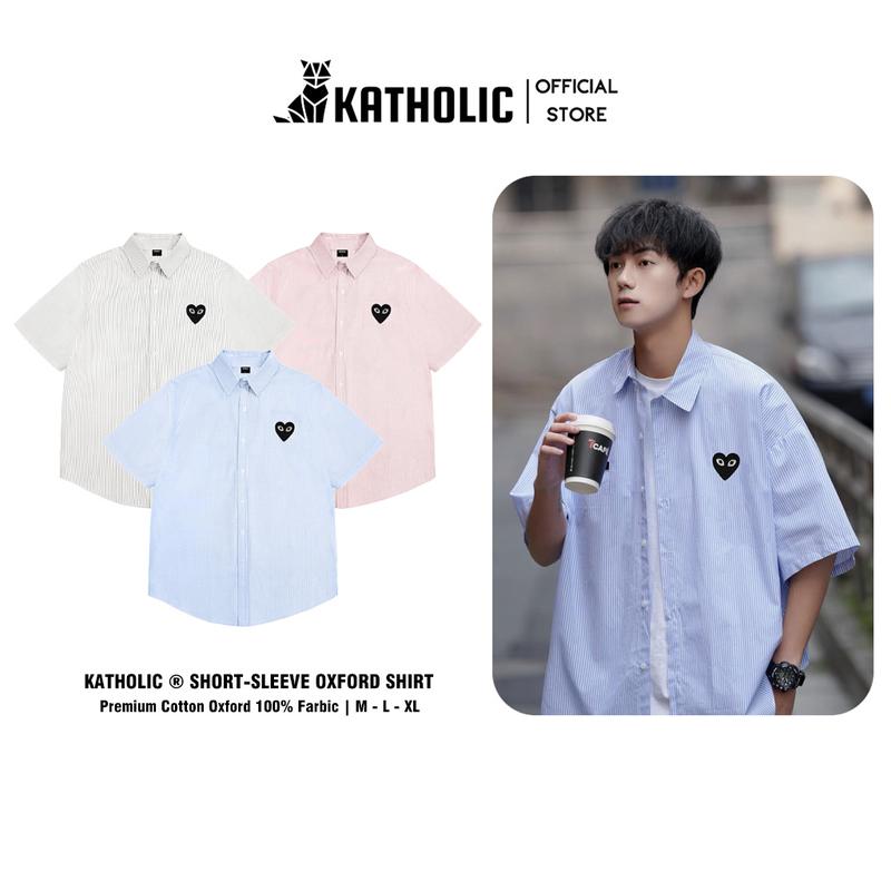 Áo Sơ Mi Kẻ Sọc Tay Ngắn Nam Nữ Hàn Quốc Thêu Tim Chất Liệu Oxford Form Rộng Oversize 3 Màu Xám, Hồng, Xanh KAT013