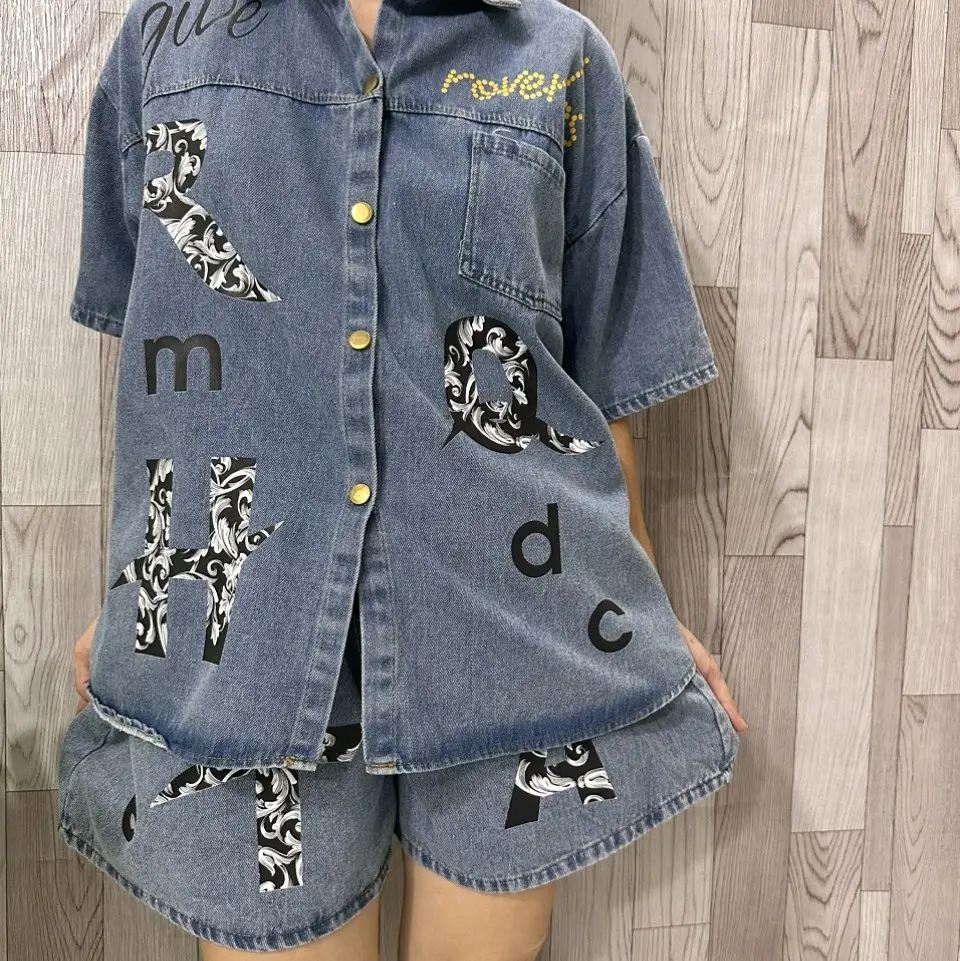 sét jeans đùi sơ mi cho nữ in chữ R áo quần