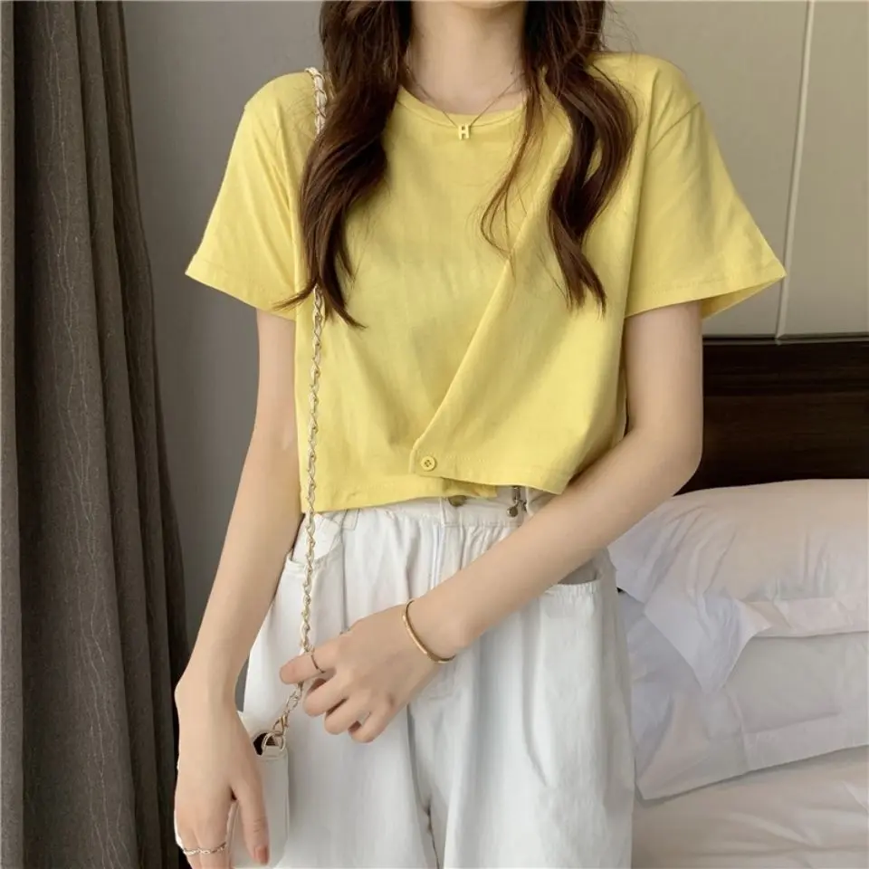 Áo Thun Ngắn Tay Thiết Kế, Dành Cho Nữ, Ôm Sát, Eo-Cô Bấm, Bó Sát, Cropped Nhỏ Hàng Mới Về Mùa Hè 2024, Áo Nhỏ Top Women Sơ Mi Shirt Cổ Tròn Màu Đen