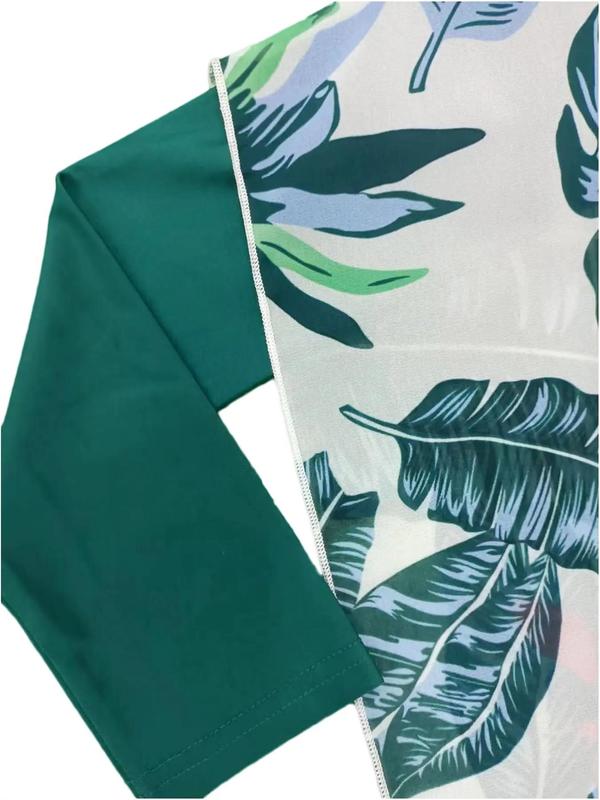 Arabic Clothing-Leaf Print Swimsuit Set, Casual Mock Neck Swim Top & Pants & Cover Up Dress & Swim Hat for Summer, 4 Counts Sun Protection Swimwear Set 4