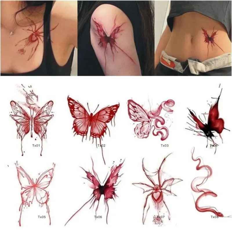 Miếng Dán Hình Xăm Hình Bướm, Màu Đỏ Đậm, Không Thấm Nước, Dành Cho Nữ, Lâu Trôi, Mô Phỏng Phong Cách Ins, Độc Đáo, Cao Cấp, Giá Trị Cao, Thích Hợp Cho Cô Gái Nóng Bỏng, Bộ Đồ