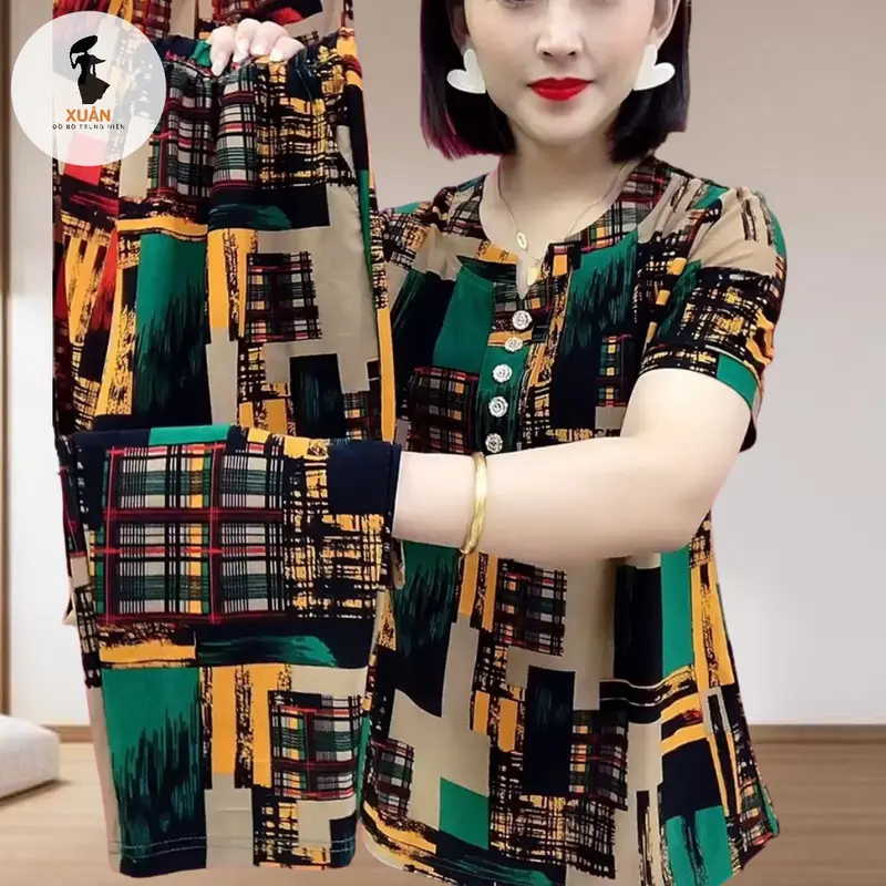 Đồ bộ trung niên thun cotton mặc nhà cho mẹ u50,XUÂN FASHION quần 9 tấc co dãn thoải mái cao cấp TH23 4
