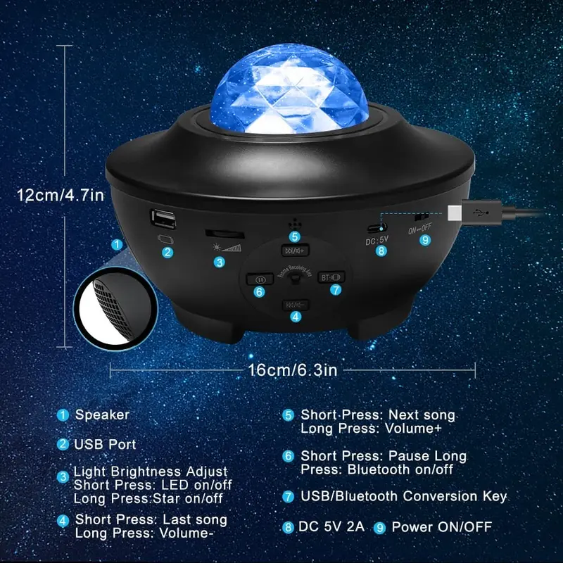PPlus Lampu Starry Proyektor Langit Malam Berbintang Galaxy Nebula Lamp starry/lampu kamar aesthetic/lampu led kamar/lampu led yang viral/lampu tidur/speaker bluetooth/proyektor kamar jendela bluetooth  usb  room  projector  Green Cable Sensor 5