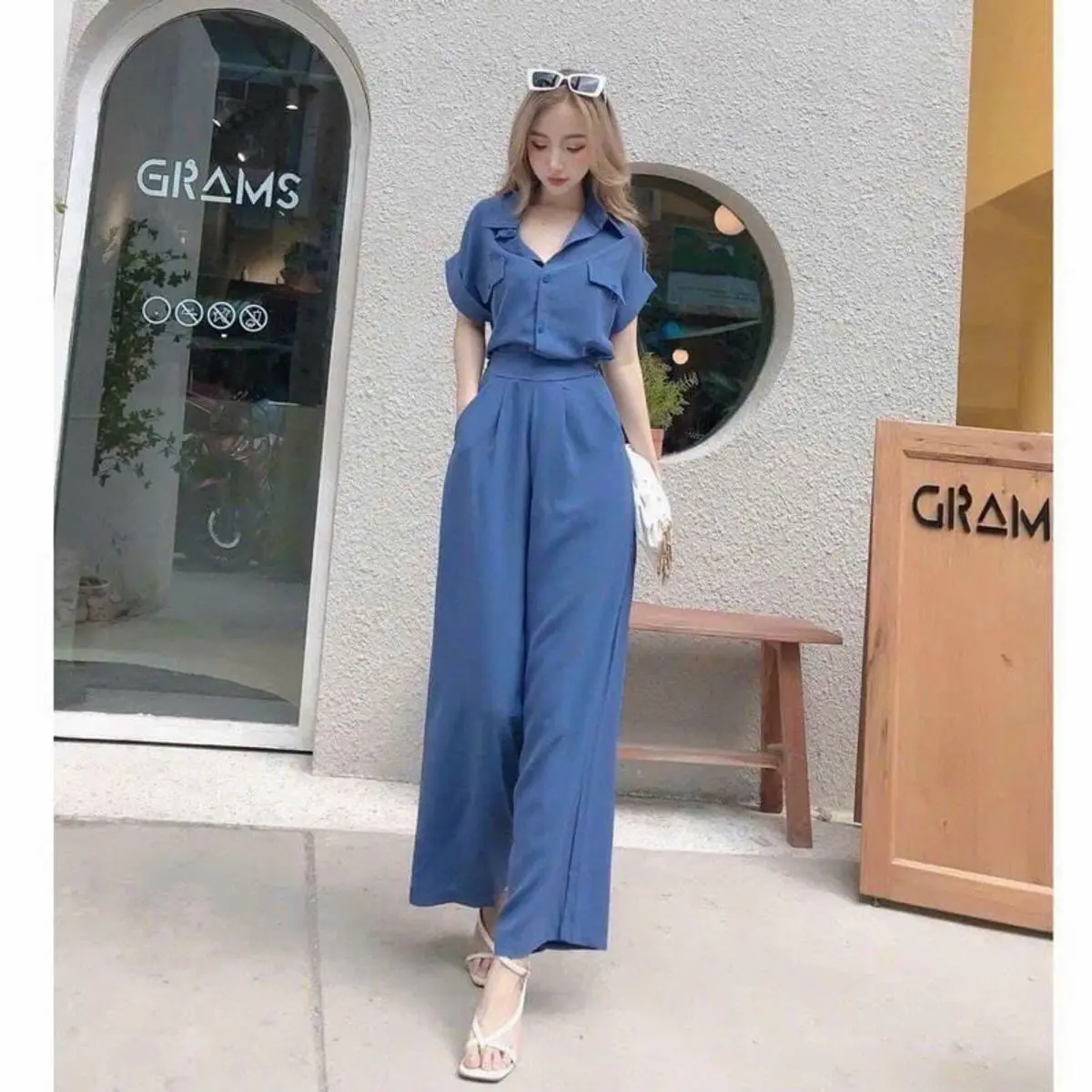Set đồ thời trang nữ mặc đi chơi áo sơ mi mix quần dài ống rộng có túi chất vải mango. Top Dress Nhung Ong