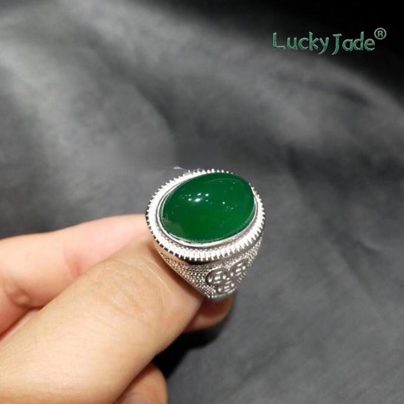 Product Introduction of [Lucky Jade] S925 Silver-Plated Inlaid Green Chalcedony Men's Rings High-End Gift 92