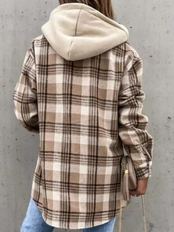 Women's Plaid Print Flap Pockets Button Front Hooded Overcoat, Casual Fitted Drop Shoulder Hooded Coat for Fall & Winter, Women's Clothing, Please Purchase A Size Up 1