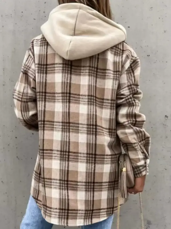 Women's Plaid Print Flap Pockets Button Front Hooded Overcoat, Casual Fitted Drop Shoulder Hooded Coat for Fall & Winter, Women's Clothing, Please Purchase A Size Up 1
