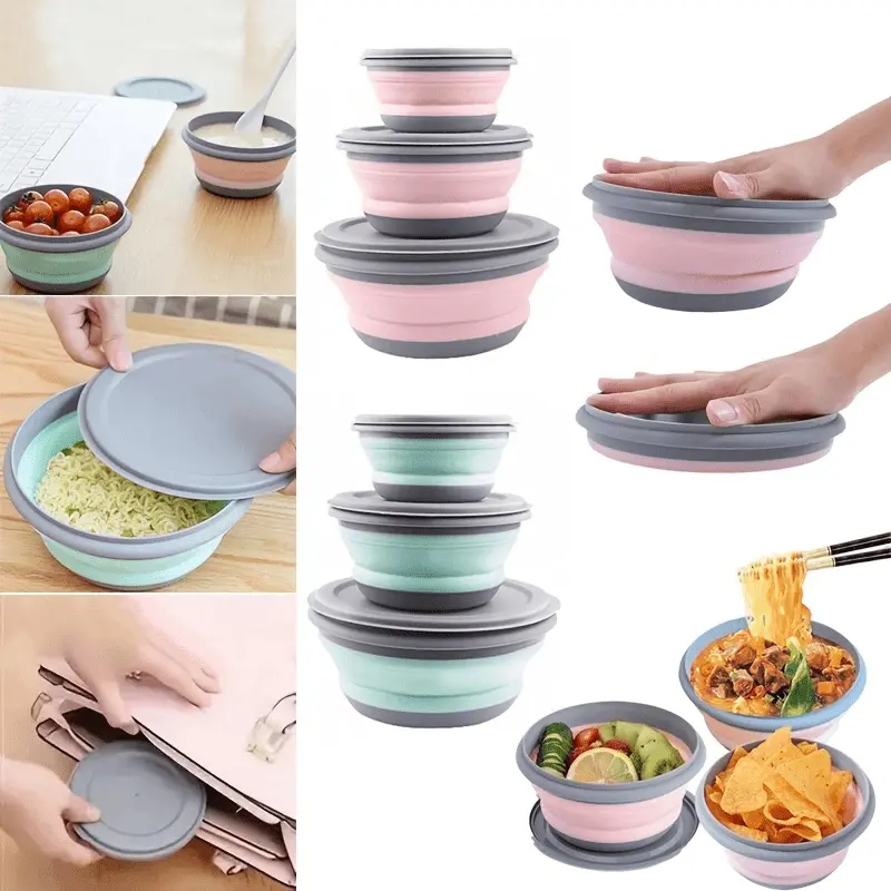 3-Piece Set with Lid Camping Bowl, Foldable Silicone Bowl, Lunch Box, Salad Bowl, Expandable Food Storage Container, Bento Box, High-Quality Food Container for Travel Camping Office