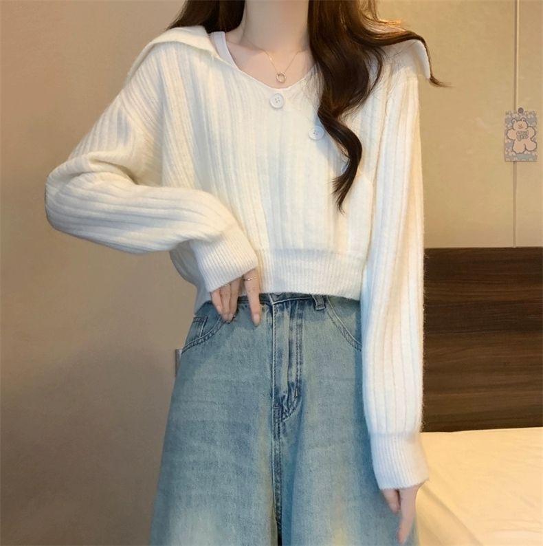 Product Introduction of Set Dua Keping, Kecil, Kolar Pelaut, Pinggang Tinggi, Sweater Pendek, Untuk Wanita, Gaya Korea Baru 2024, Pakaian Luar, Sweater Lengan Panjang 4