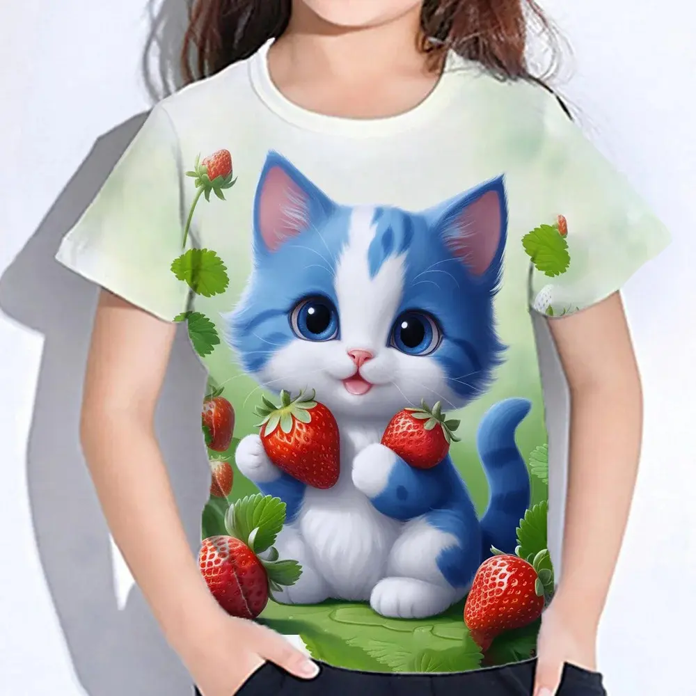 T-shirt Girls Short sleeve Cat Graphic T-shirt Polyester children's clothing Printed T-shirt o collar top Casual Children's clothing Children's outdoor casual comfortable fashion T-shirt