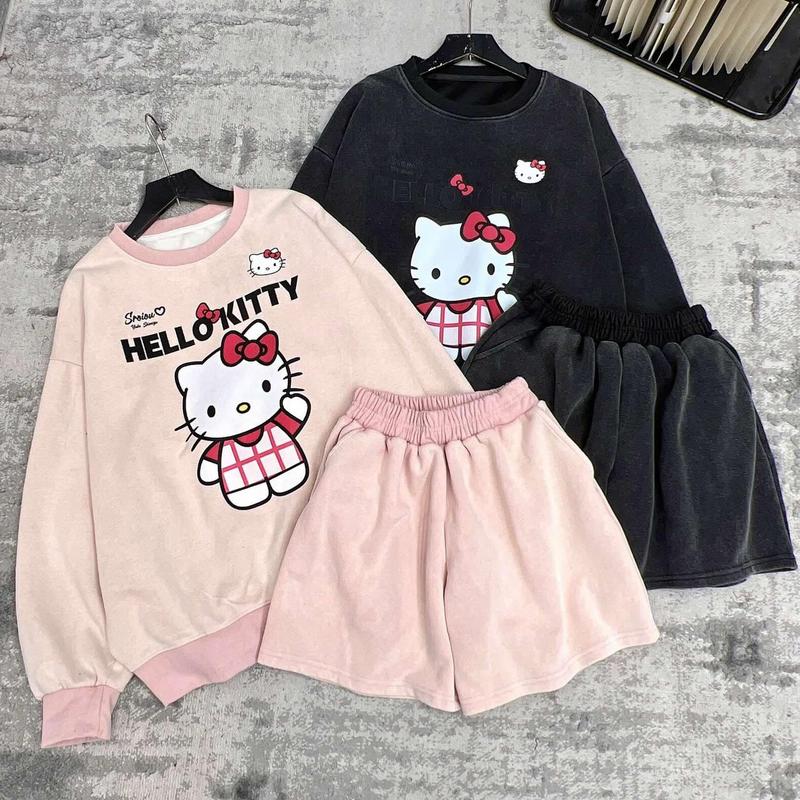 Sét bộ nỉ cổ tròn chất 2 da loang Đen in pét 5DMèo helo kitty áo dài tay + quần cộc  + from rộng có sezi - Top Women Nữ Hoodie Voi ( Trang  Tây 2 )