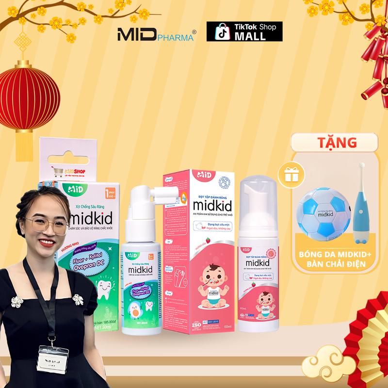 ( Live Mẹ Mây ) Combo 1 hộp xịt chống sâu răng Midkid + 1 bọt tập đánh răng Midkid cho bé từ 1 tuổi - Tặng Bóng hơi + Bàn chải điện cho bé
