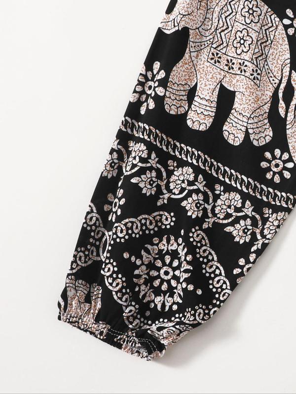 Women's Casual Tribal Print Elastic Waist Harem Pants, Retro Casual Jogger Pants for Daily, Homewear Pj Pants, Comfort Spring & Summer & Fall Pajamas Bottoms 4