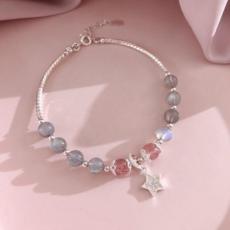 Vòng Tay Pha Lê Dâu Tây Đá Mặt Trăng, Phong Cách Hàn Quốc, Bạc Sterling Của Phụ Nữ, Đơn Giản Và Cá Nhân Hóa, Vòng Tay Màu Hồng, Thích Hợp Cho Học Sinh, Trang Sức Bạn Gái, Thiết Kế Mặt Trăng Sao 4