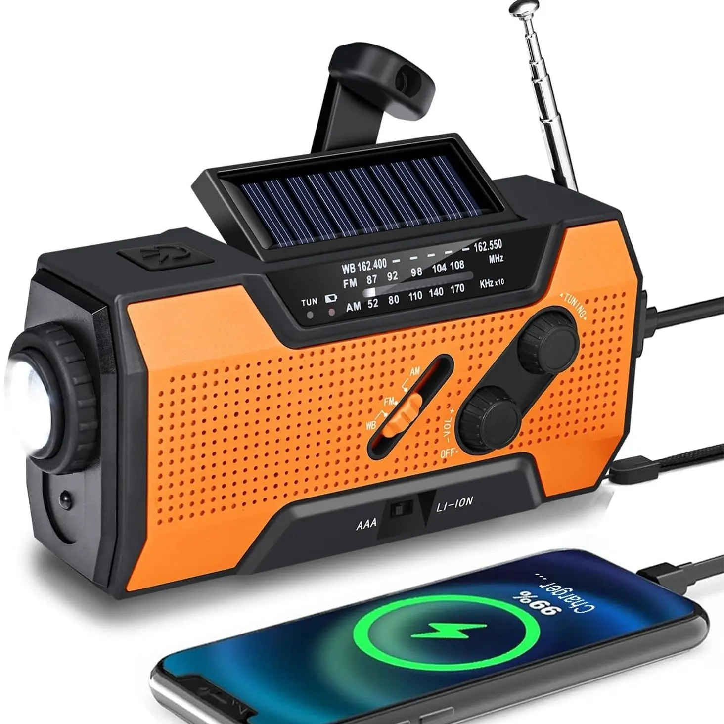 Portable Solar Powered Radio, USB Rechargeable Emergency Weather Radio with Power Bank Function, Radio with SOS Alarm & Flashlight for Indoor/Outdoor Emergencies