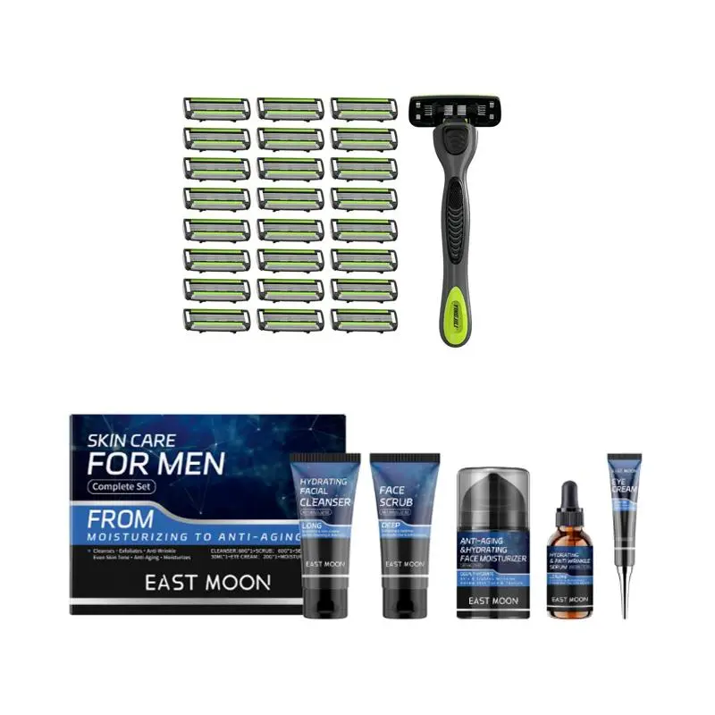 Men's Skin Care Kit & Manual Razor Set, Gentle Cleaning & Nourishing Skin Care Kit, Including Facial Cleanser, Scrub, Moisturizer, Serum & Eye Cream, Manual Shaving Kit, Comfort 6